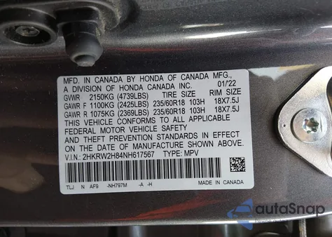 2022 Honda Cr-V Awd Ex-L z USA, uszkodzony, nr VIN 2HKRW2H84NH617567